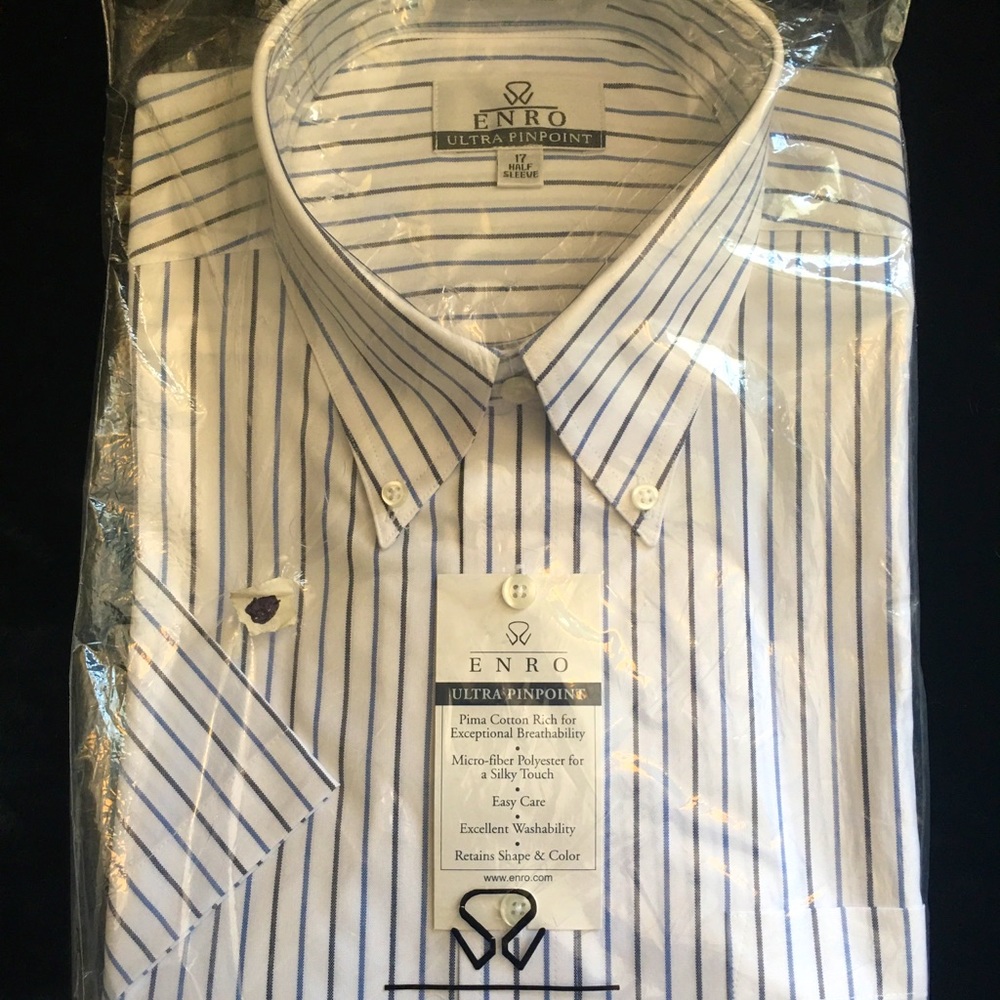 ENRO ULTRA PINPOINT sz 17 Half Sleeve Men’s Button Down Dress Shirt blue stripe